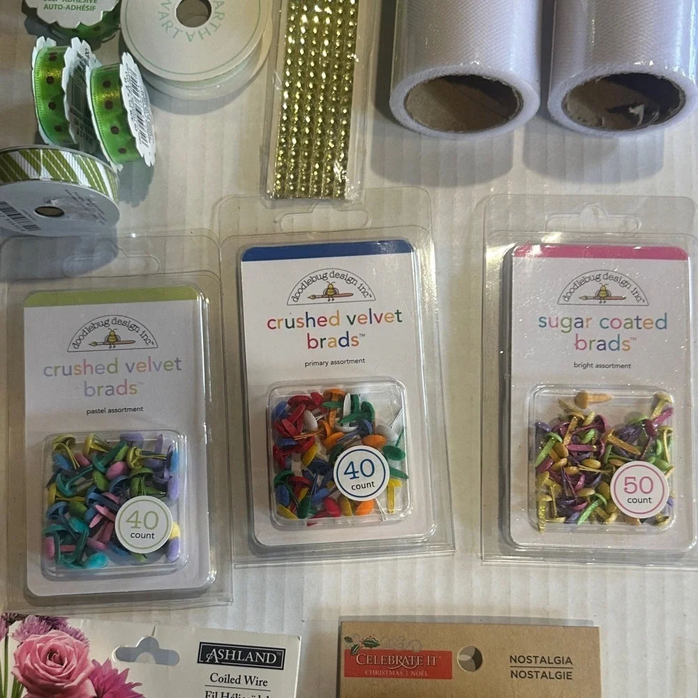 NWT Assorted Home Party craft Supplies Set with tulle ribbon brads stick ons